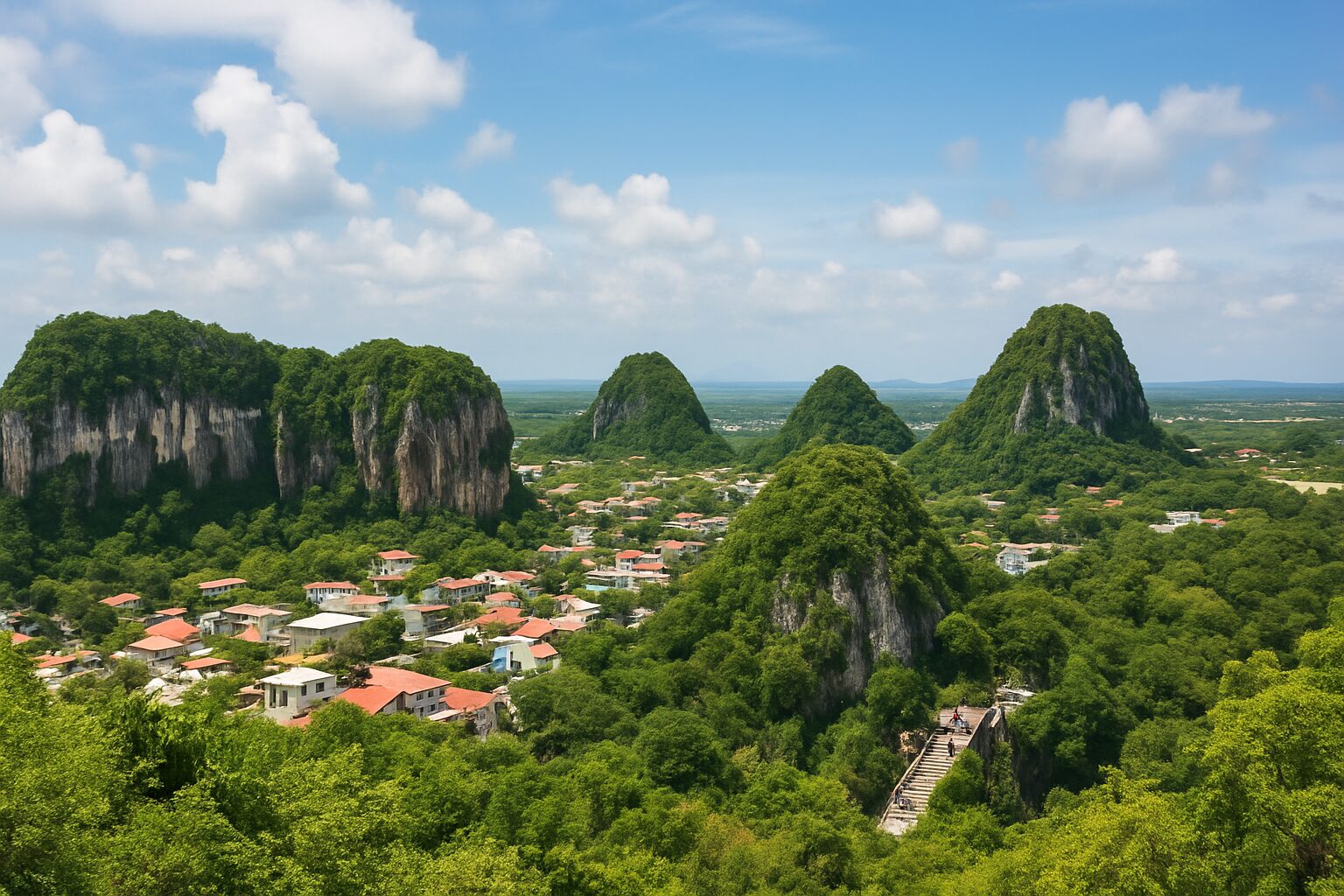 다낭 마블 마운틴 오행산 전경, 다섯 개의 봉우리가 이어지는 대리석 산과 푸른 숲